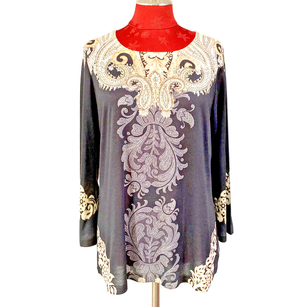 Chico’s Sz 1 (M-8) Casual Tunic Top Black Beige Rhinestone Embellished Neckline